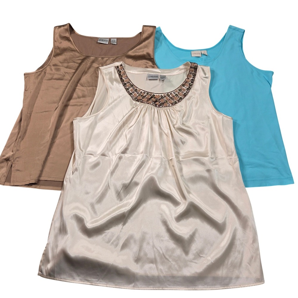 Chicos Tank Top Bundle Size 3 Cream Turquoise Bronze Silk Blend Beaded Satin 3pc